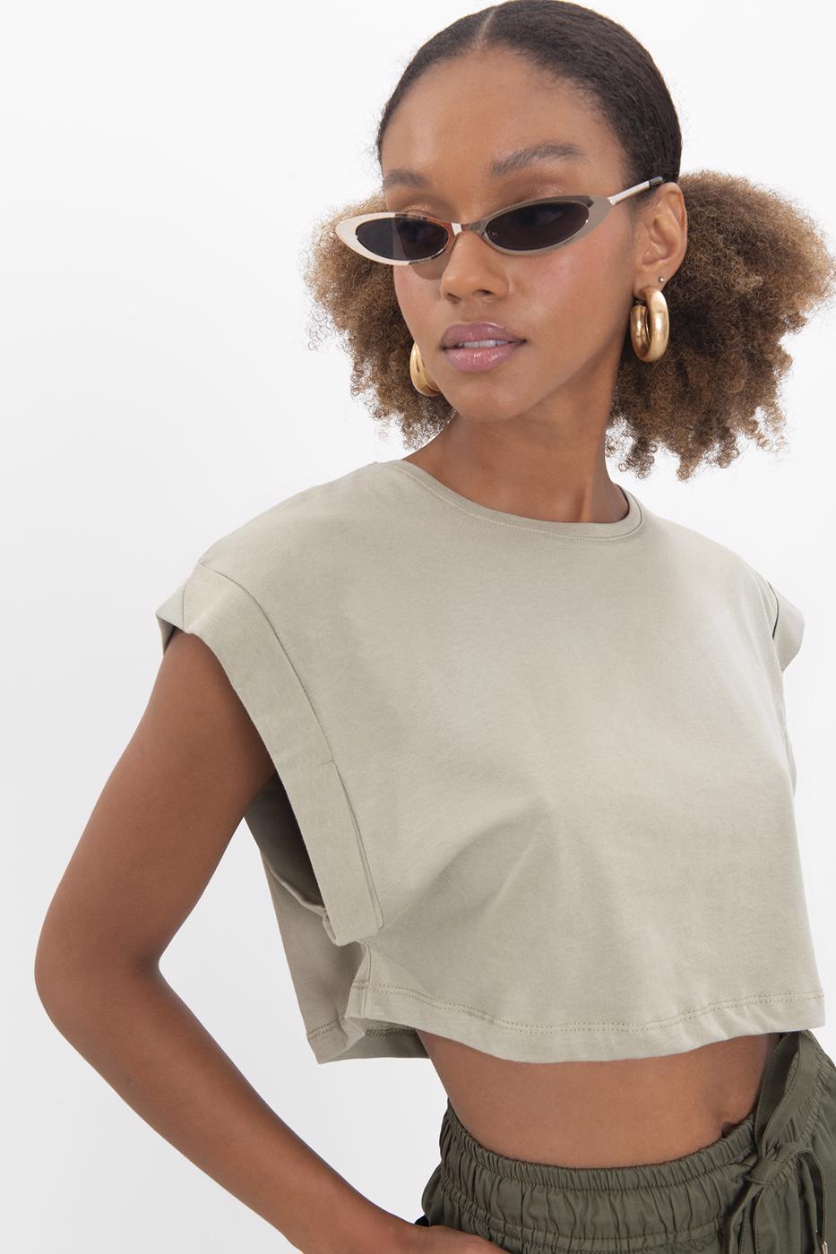 Dropped shoulder crop T-shirt Khaki