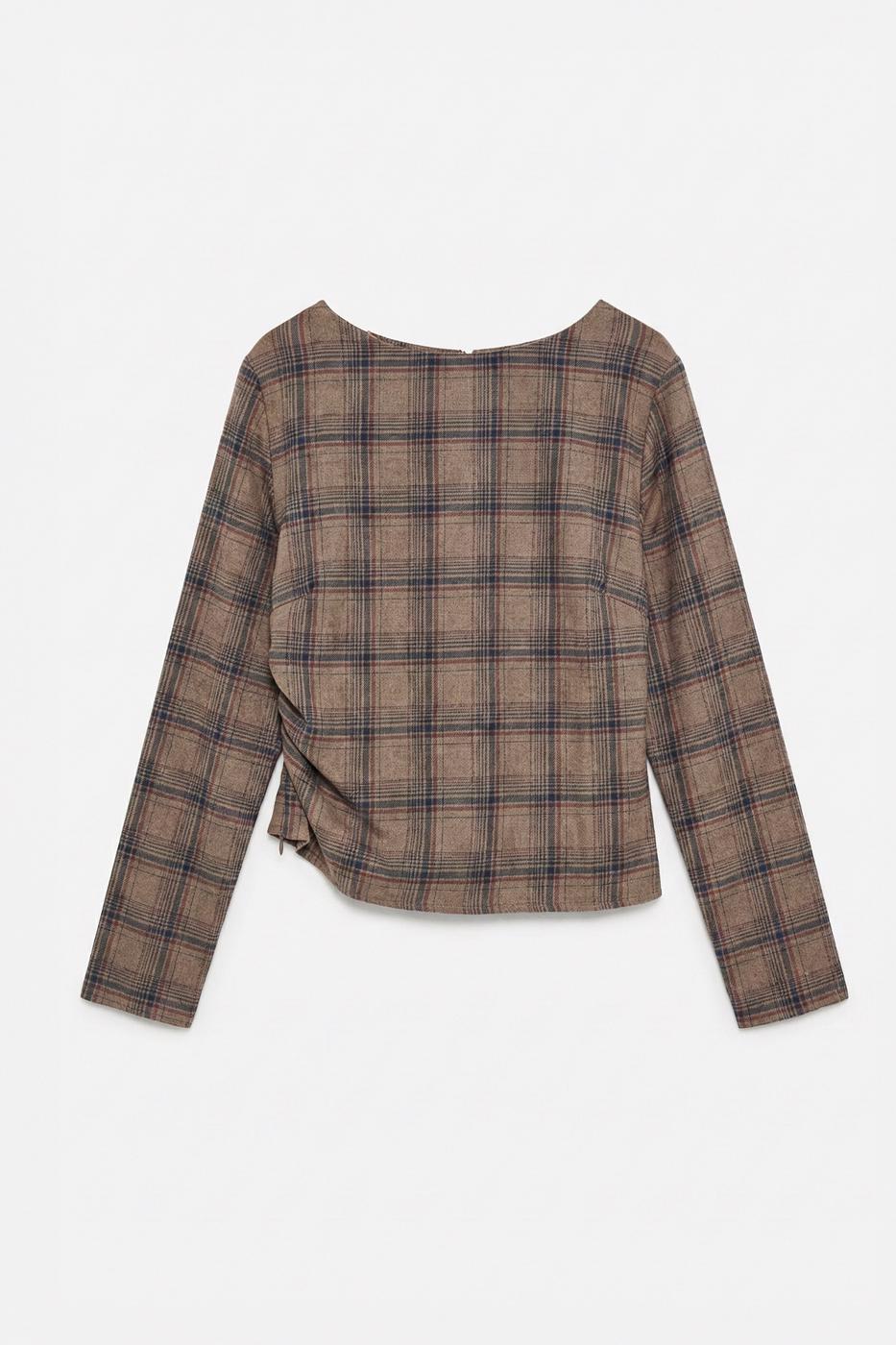 Plaid Asymmetric Blouse Mink
