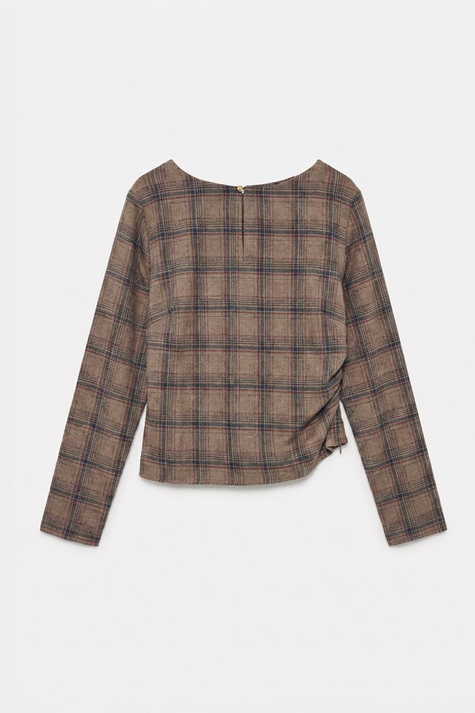 Plaid Asymmetric Blouse Mink