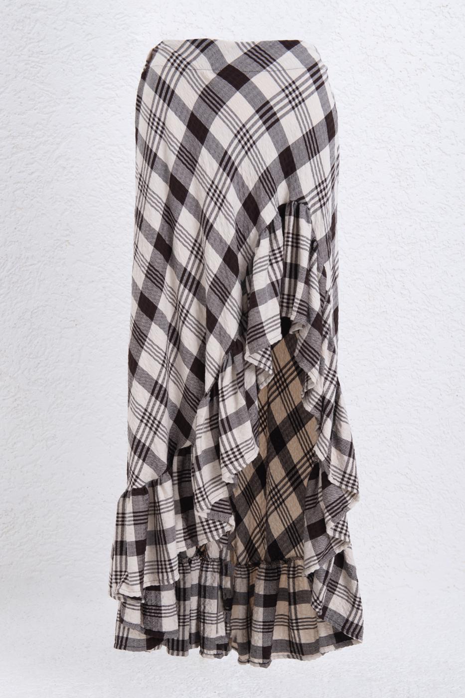 Plaid Asymmetrical Ruffled Midi Skirt Brown