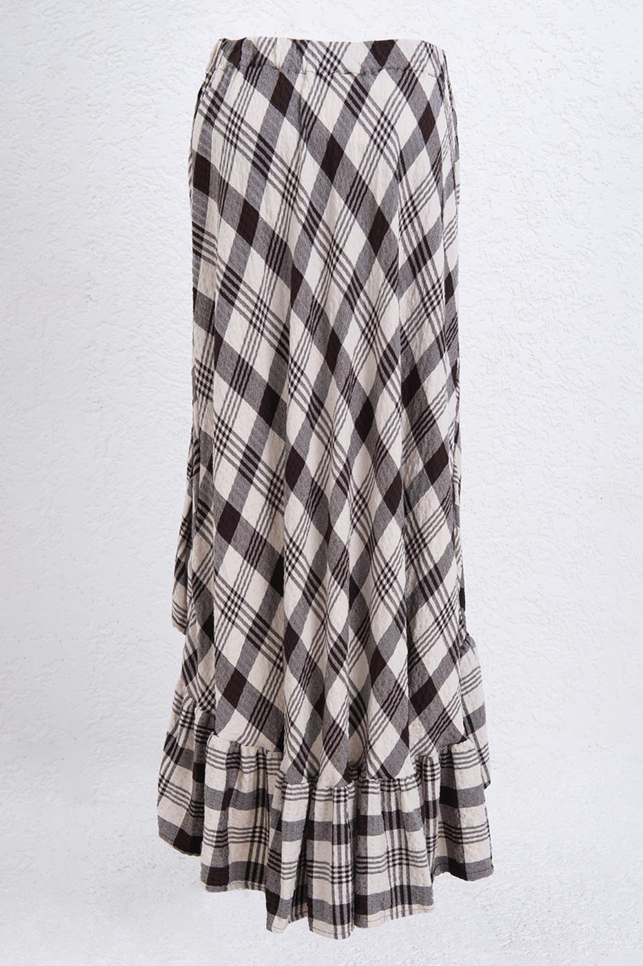 Plaid Asymmetrical Ruffled Midi Skirt Brown