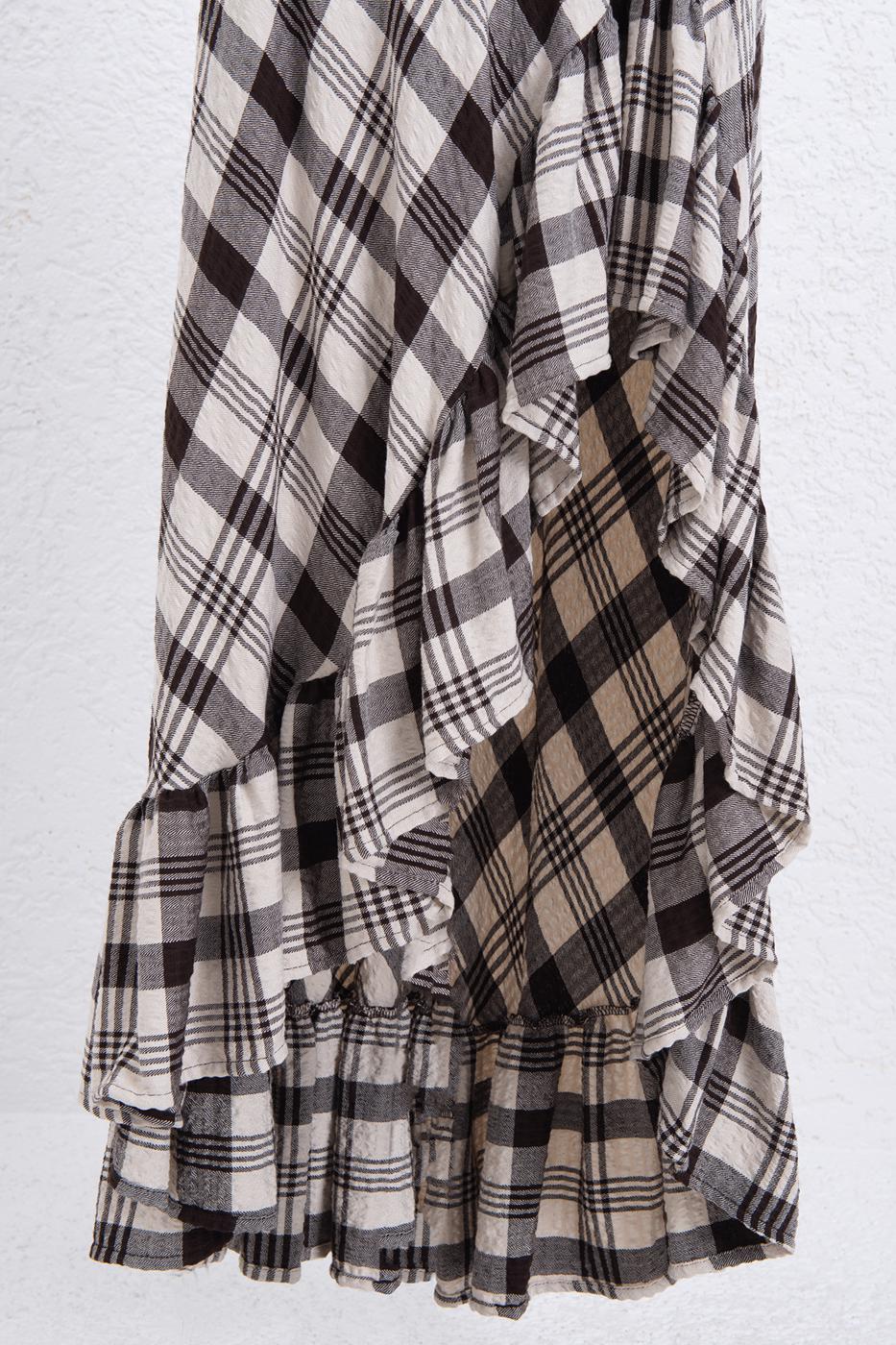 Plaid Asymmetrical Ruffled Midi Skirt Brown