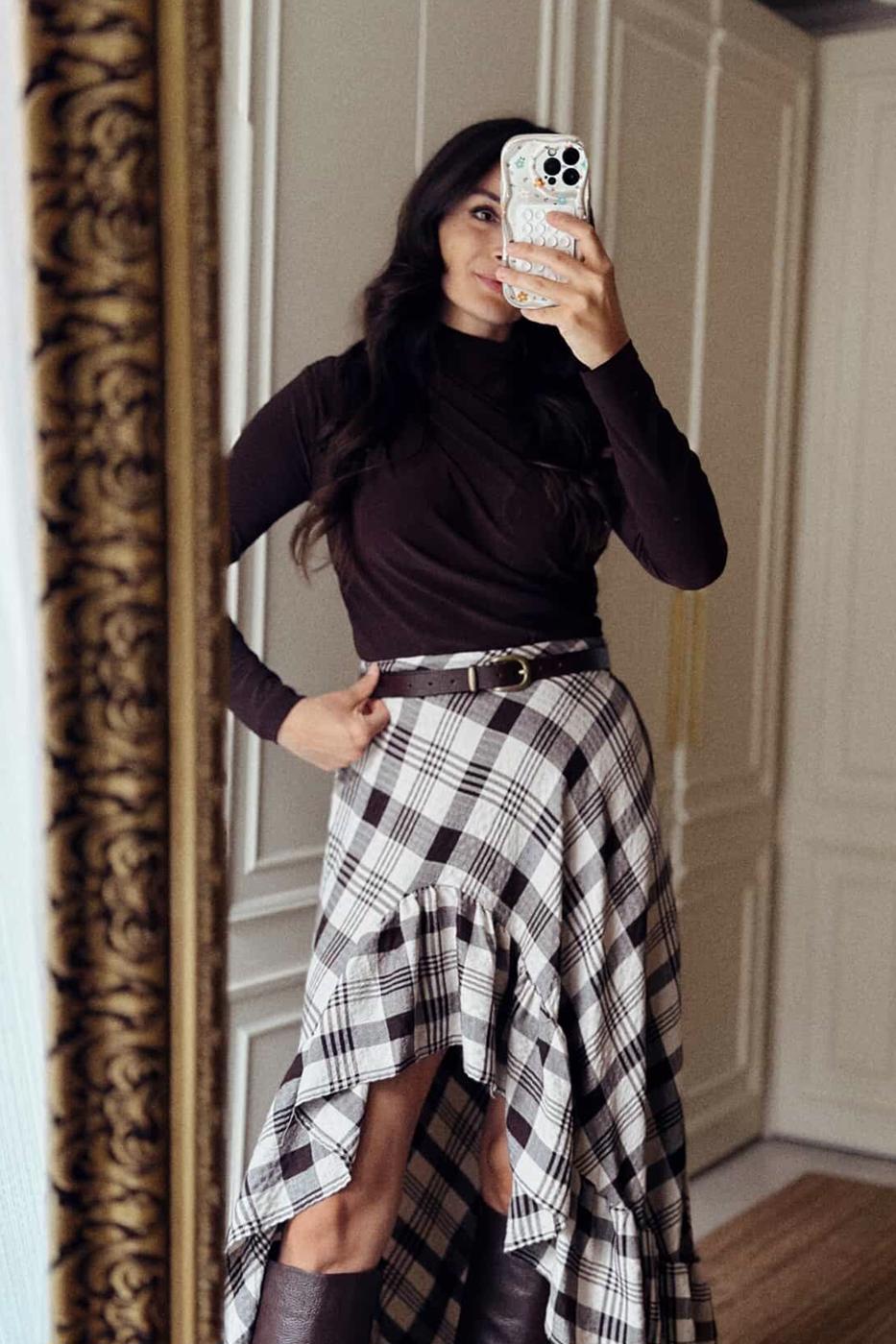 Plaid Asymmetrical Ruffled Midi Skirt Brown