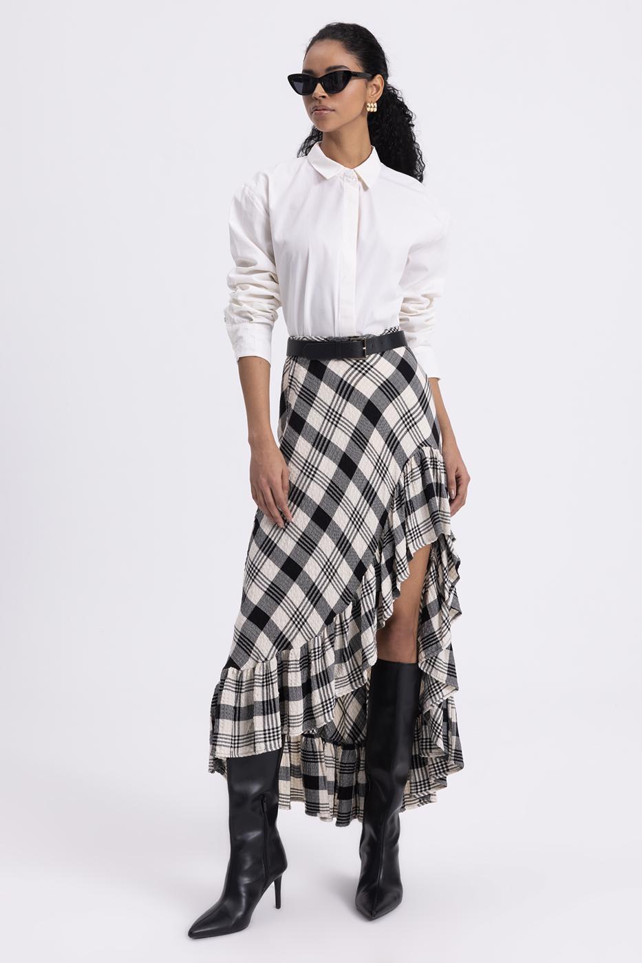 Plaid Asymmetrical Ruffled Midi Skirt Black