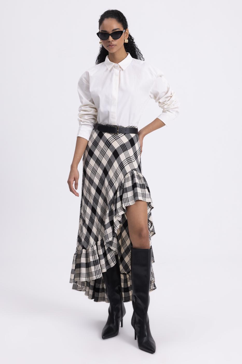 Plaid Asymmetrical Ruffled Midi Skirt Black