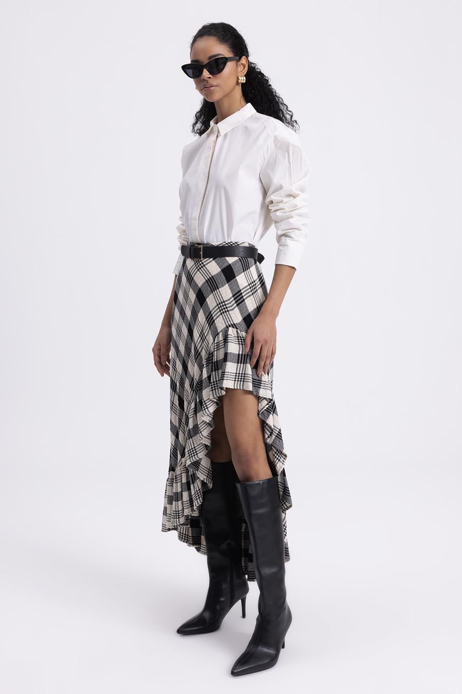Plaid Asymmetrical Ruffled Midi Skirt Black