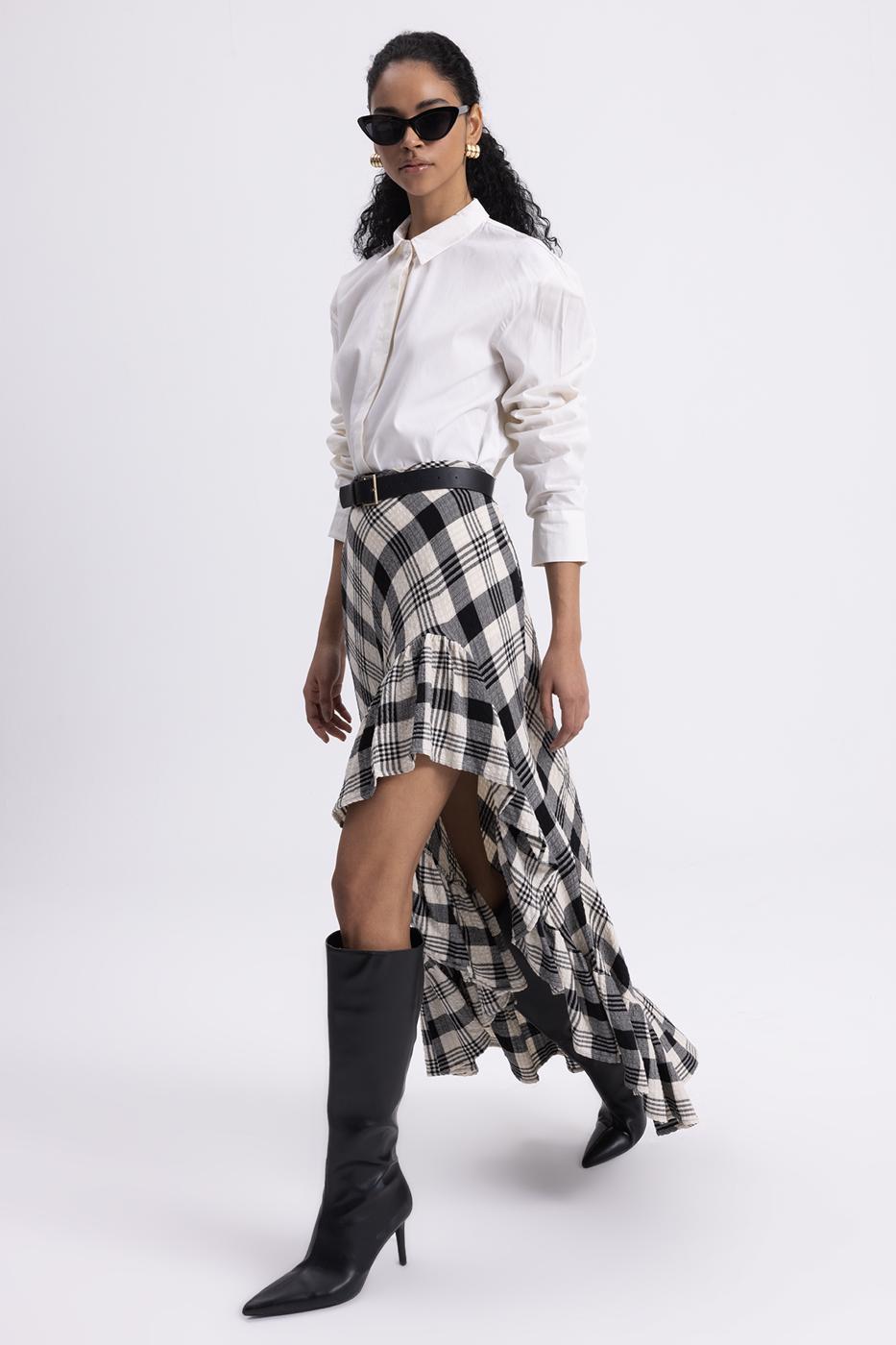 Plaid Asymmetrical Ruffled Midi Skirt Black