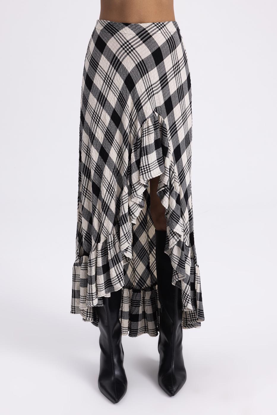 Plaid Asymmetrical Ruffled Midi Skirt Black