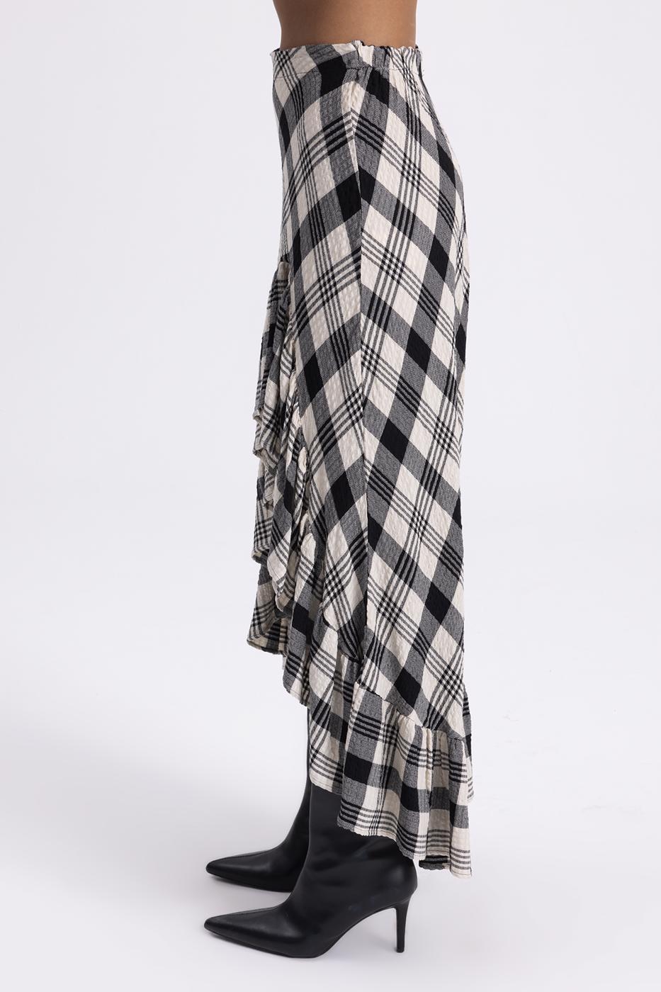 Plaid Asymmetrical Ruffled Midi Skirt Black