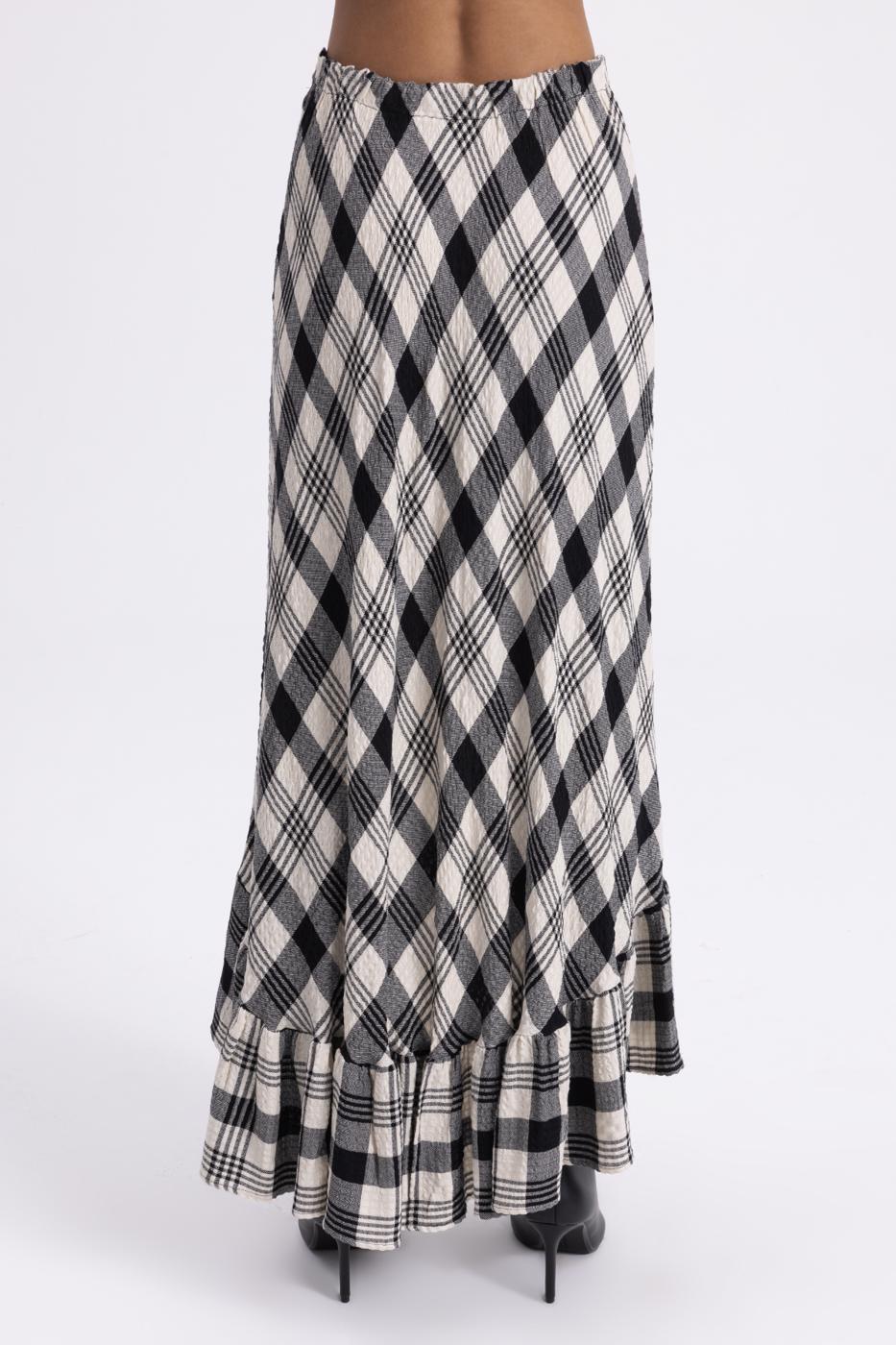 Plaid Asymmetrical Ruffled Midi Skirt Black