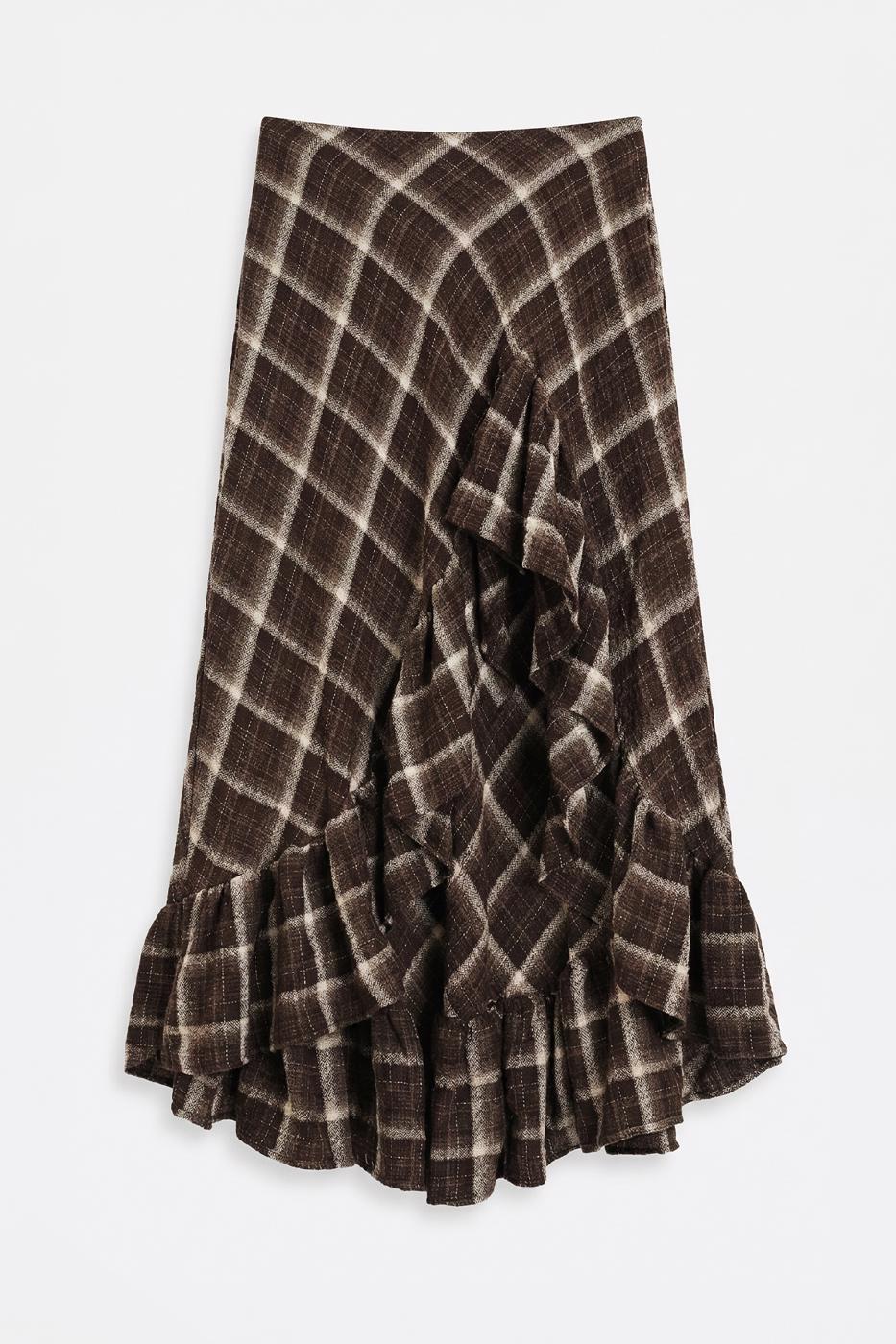Plaid Asymmetrical Ruffled Midi Skirt Bıtter coffee