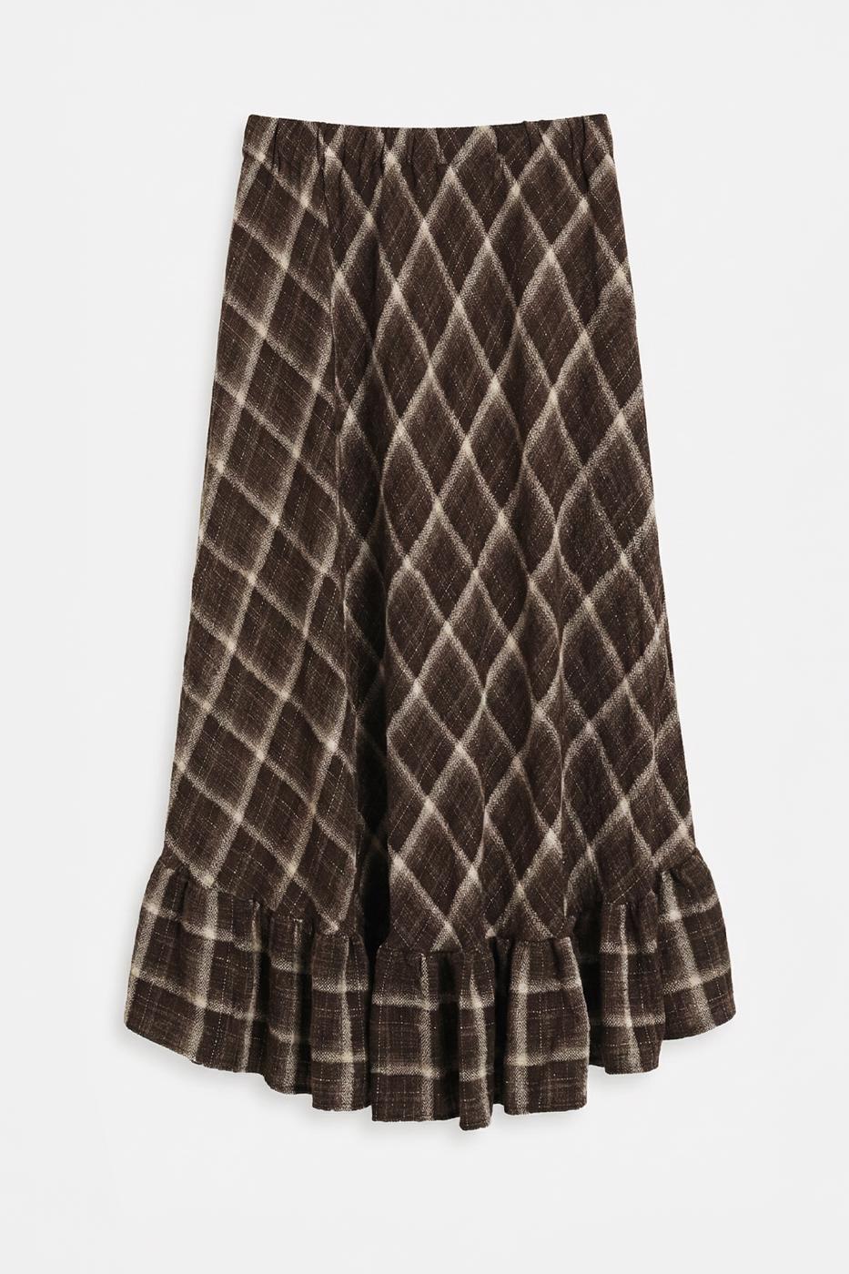 Plaid Asymmetrical Ruffled Midi Skirt Bıtter coffee