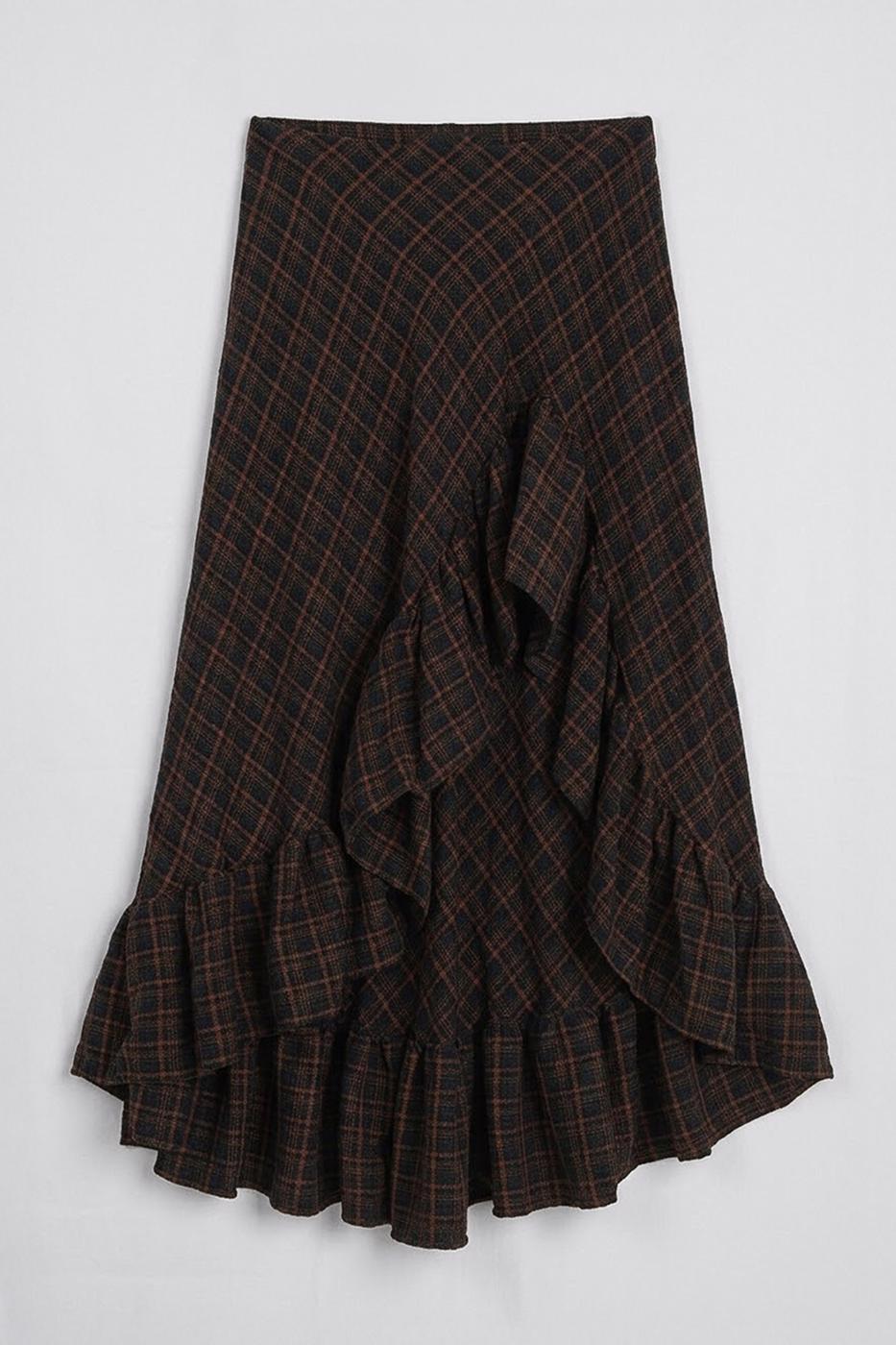 Plaid Asymmetrical Ruffled Midi Skirt Khaki