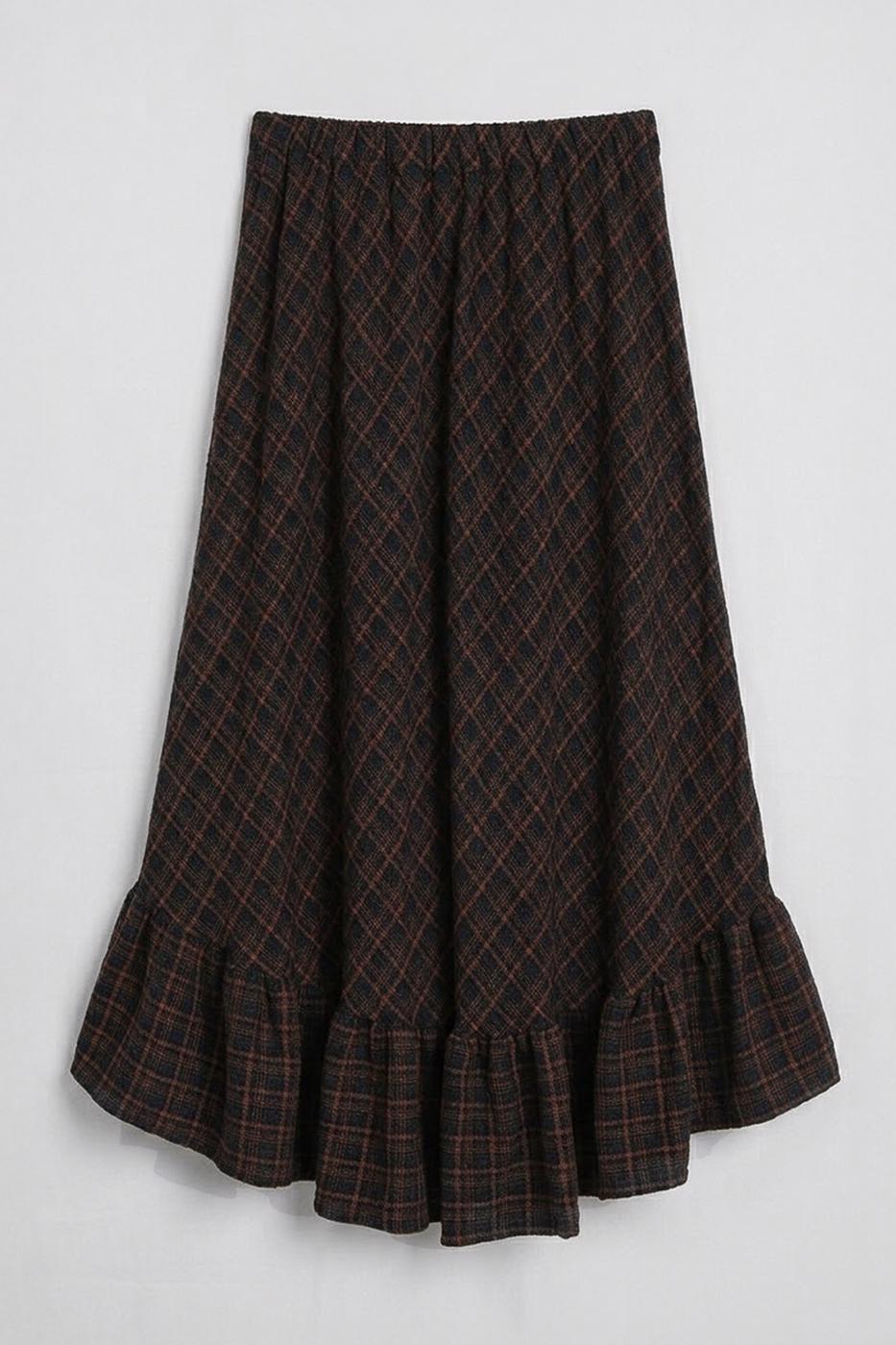 Plaid Asymmetrical Ruffled Midi Skirt Khaki