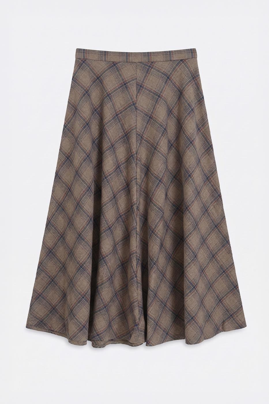 Plaid Flared Midi Skirt Mink
