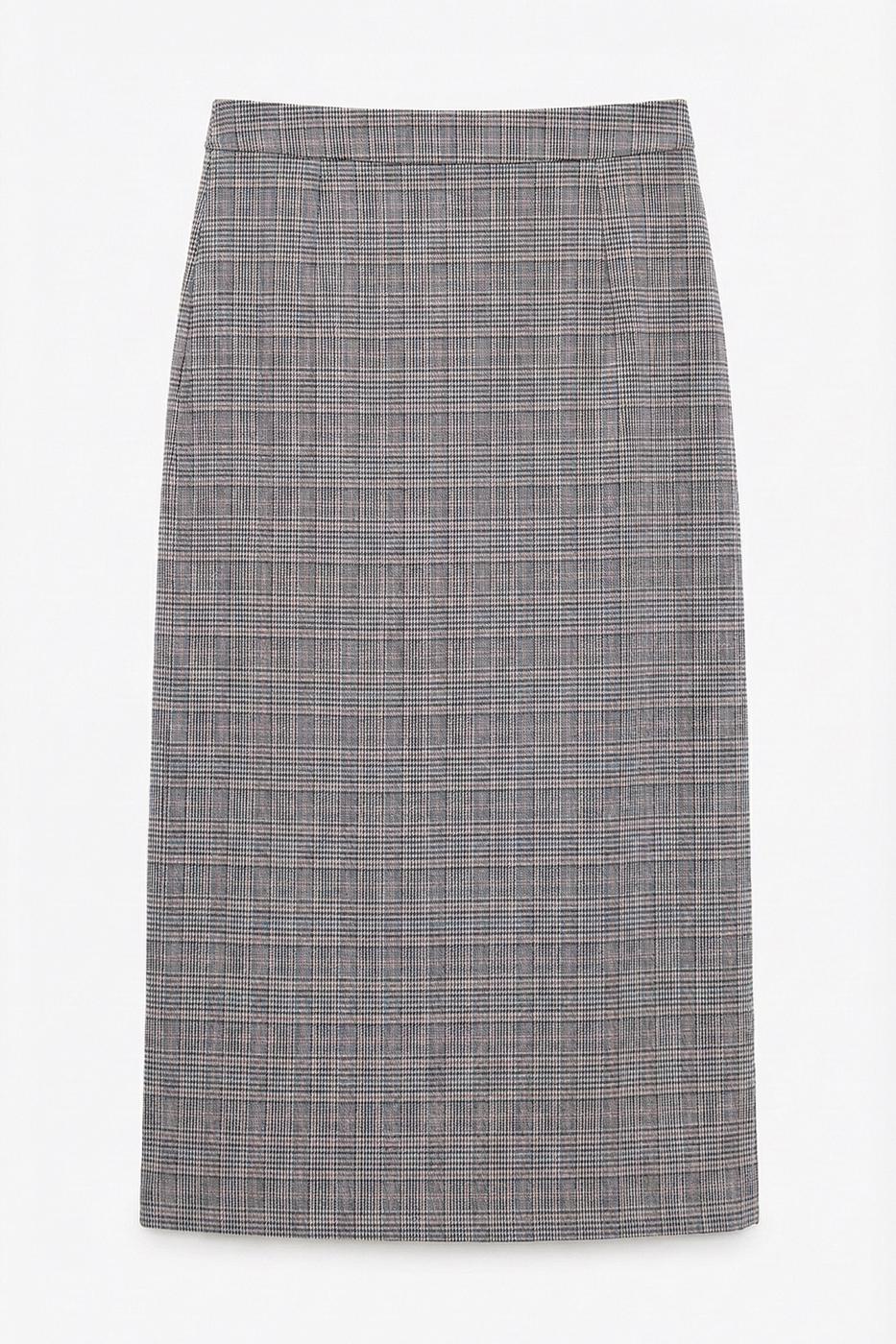 Plaid Midi Pencil Skirt Grey