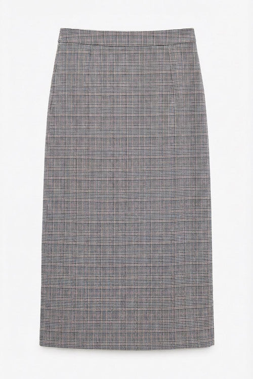 Plaid Midi Pencil Skirt Grey