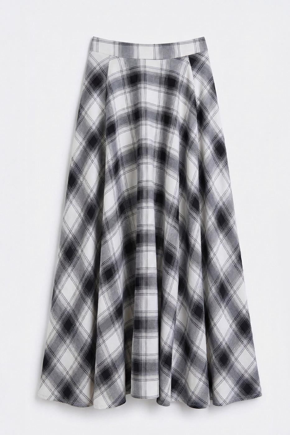 Plaid Midi Flared Skirt Ecru