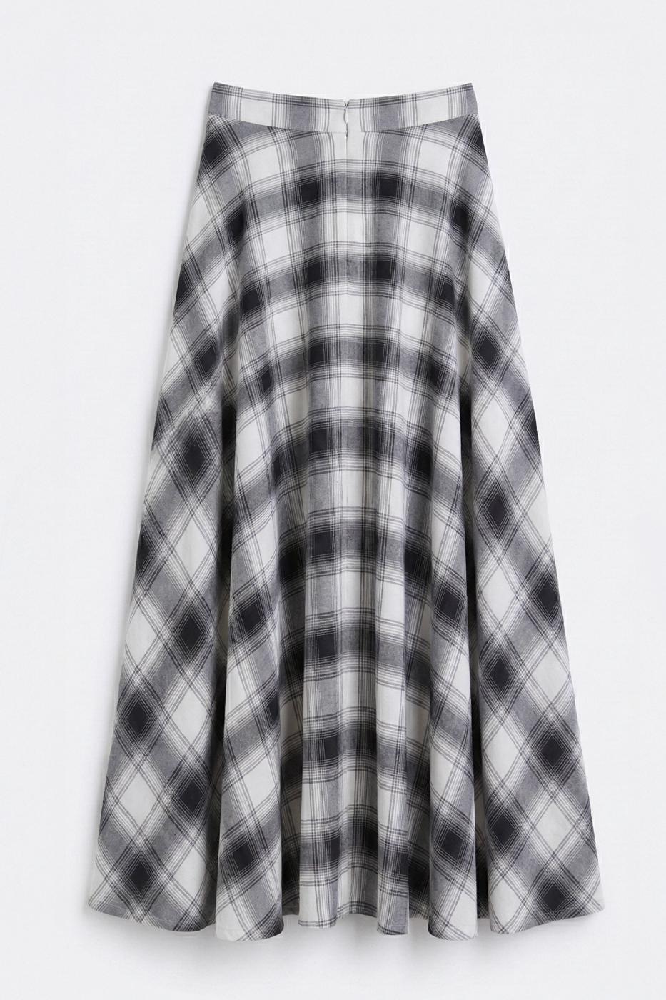 Plaid Midi Flared Skirt Ecru