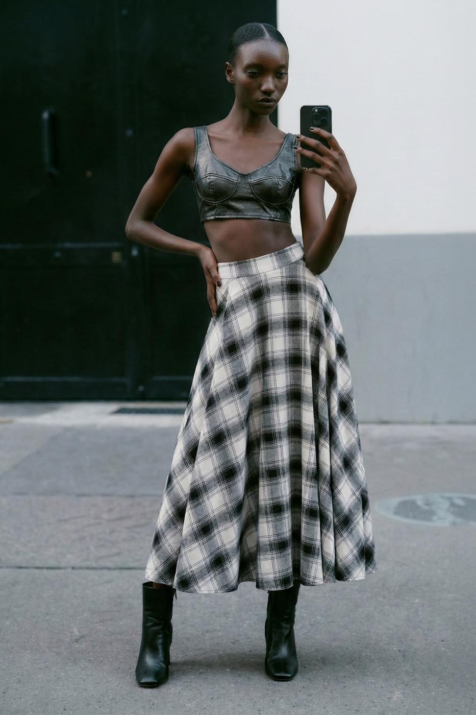 Plaid Midi Flared Skirt Ecru