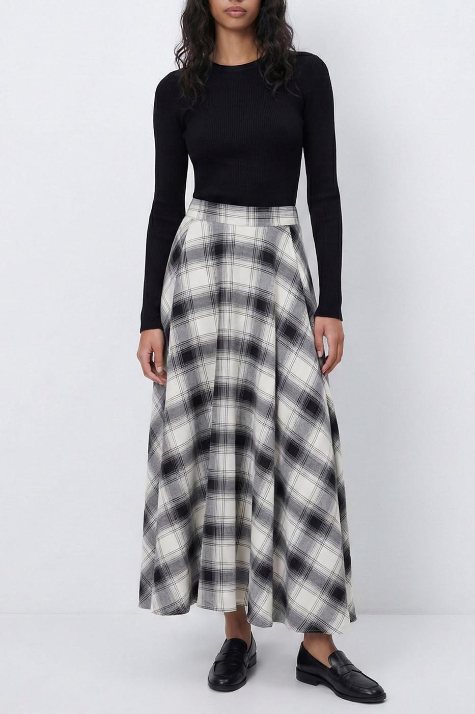 Plaid Midi Flared Skirt Ecru