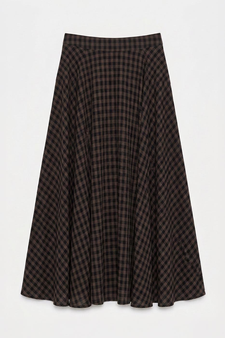 Plaid Midi Flared Skirt Brown