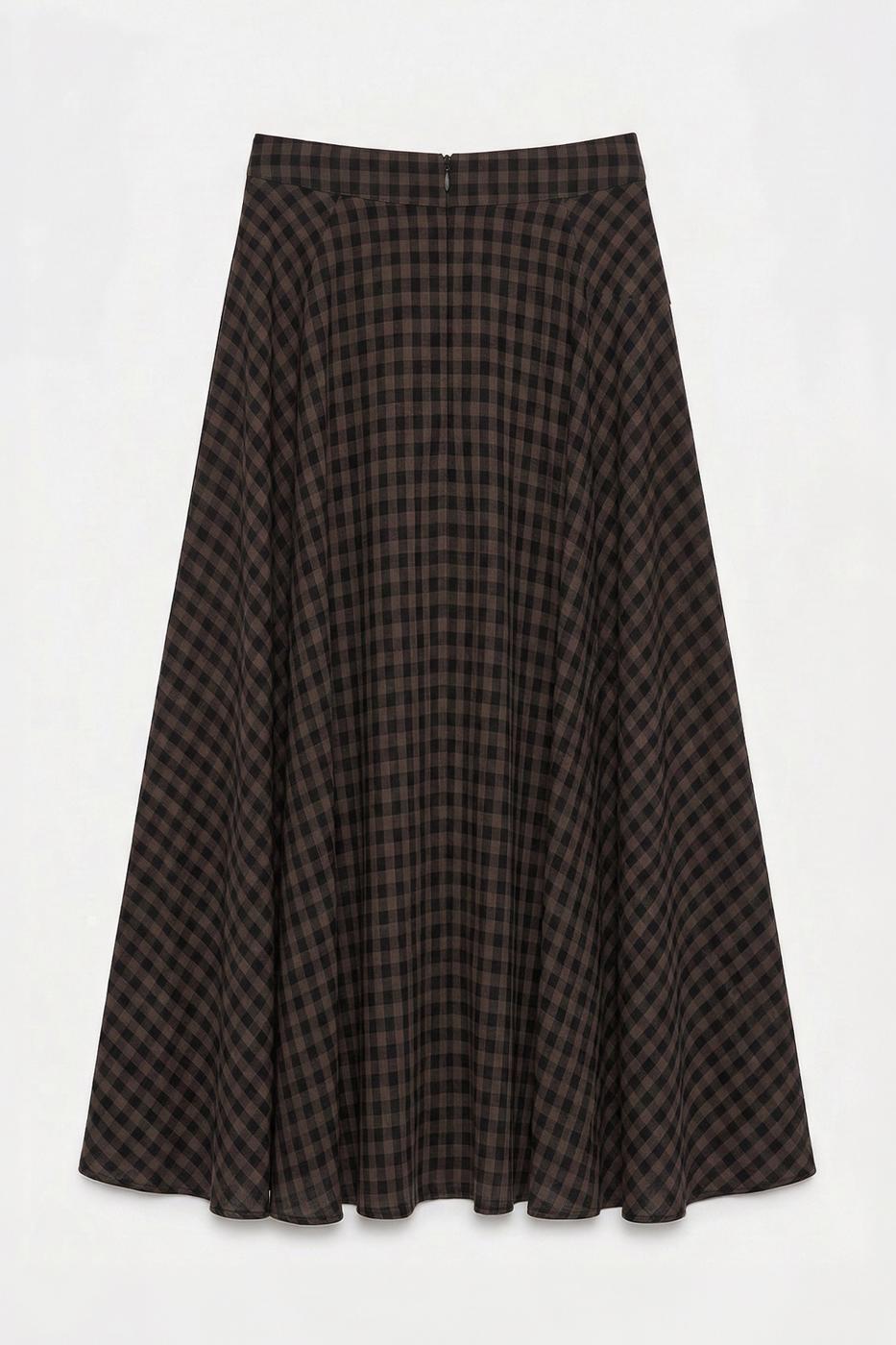 Plaid Midi Flared Skirt Brown