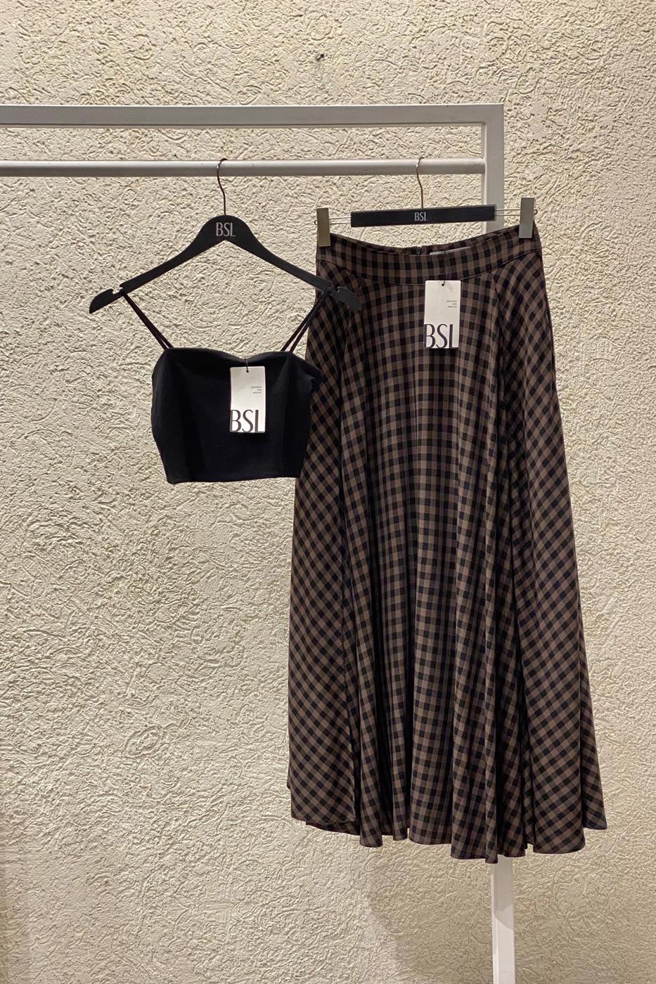 Plaid Midi Flared Skirt Brown