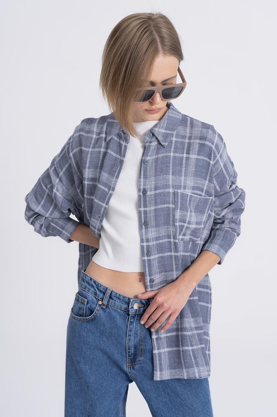 Plaid Oversize Wool Blend Shirt Grey