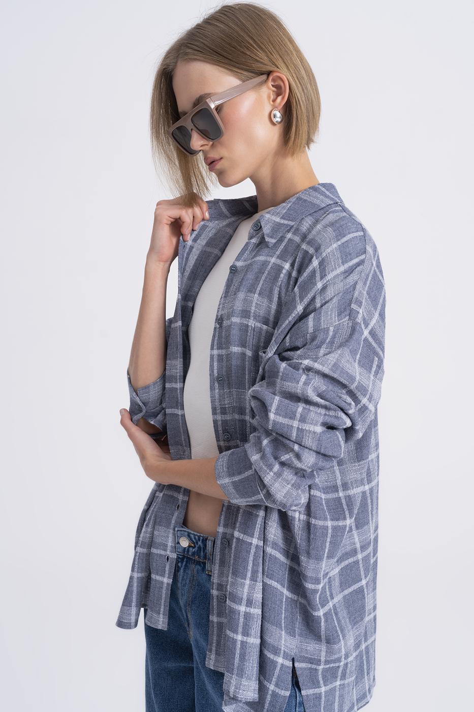 Plaid Oversize Wool Blend Shirt Grey