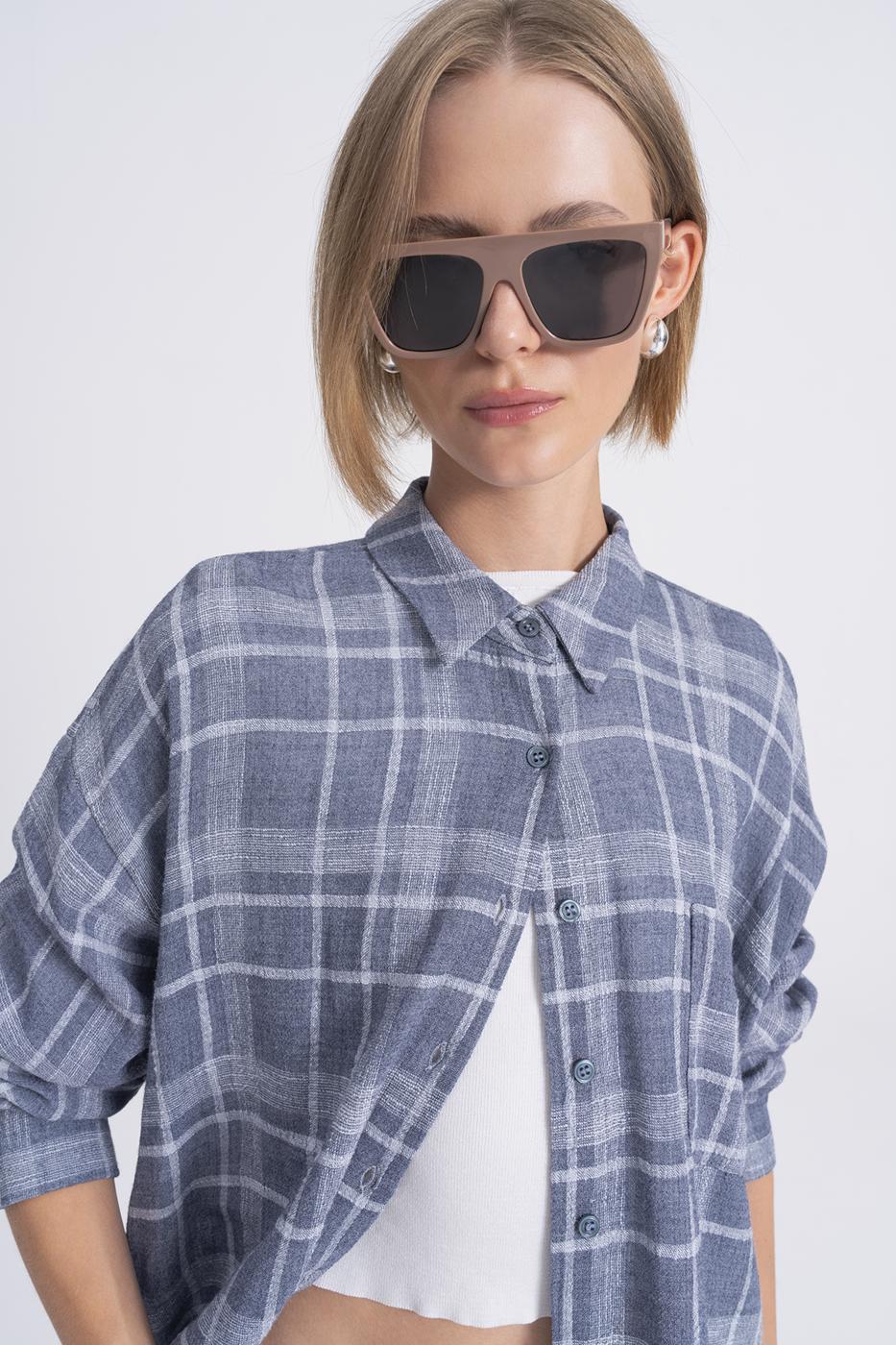 Plaid Oversize Wool Blend Shirt Grey