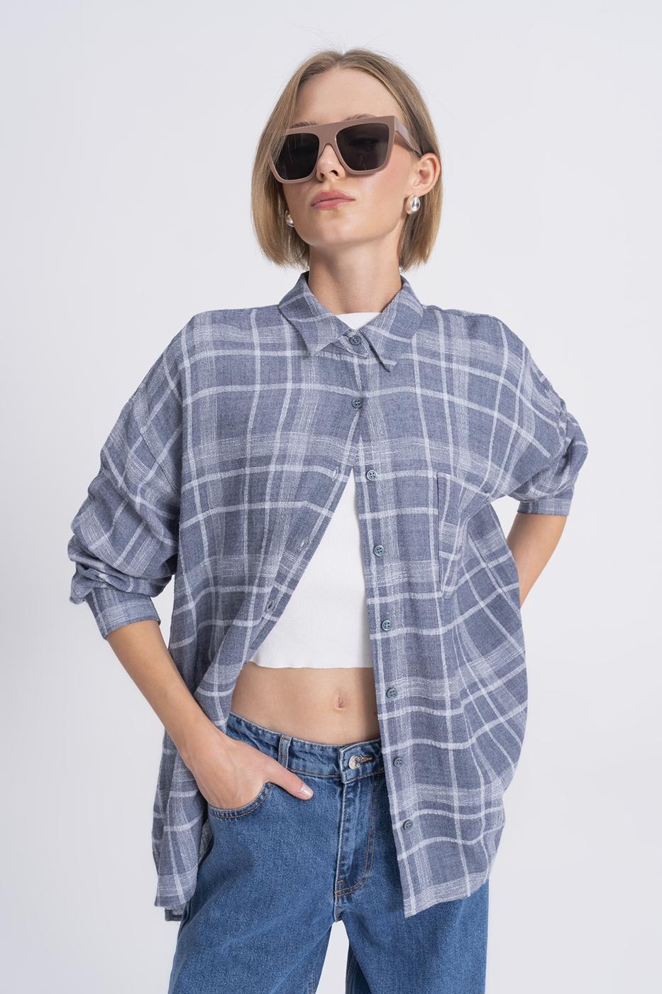 Plaid Oversize Wool Blend Shirt Grey