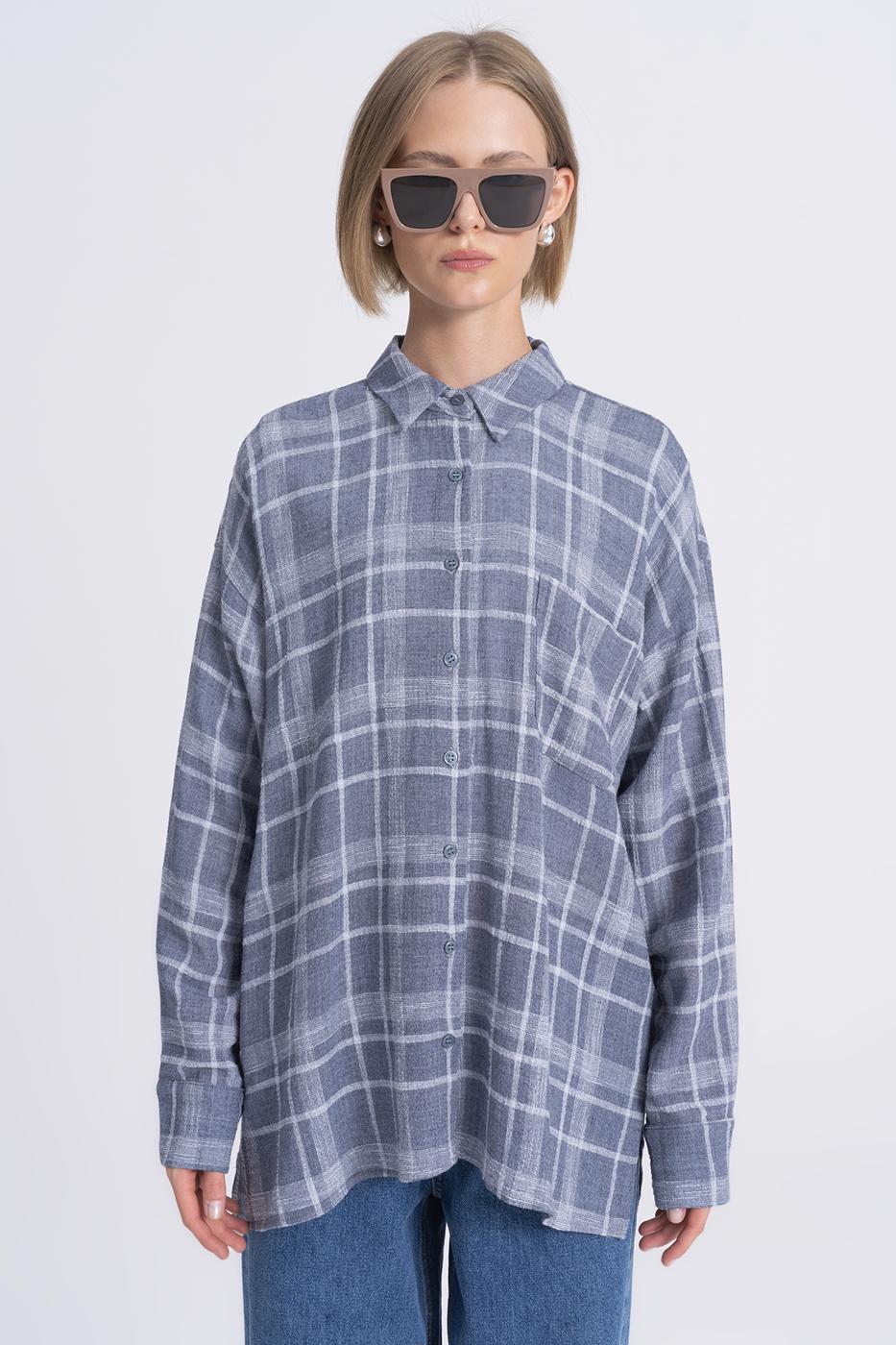 Plaid Oversize Wool Blend Shirt Grey