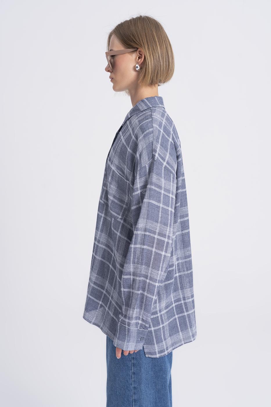 Plaid Oversize Wool Blend Shirt Grey