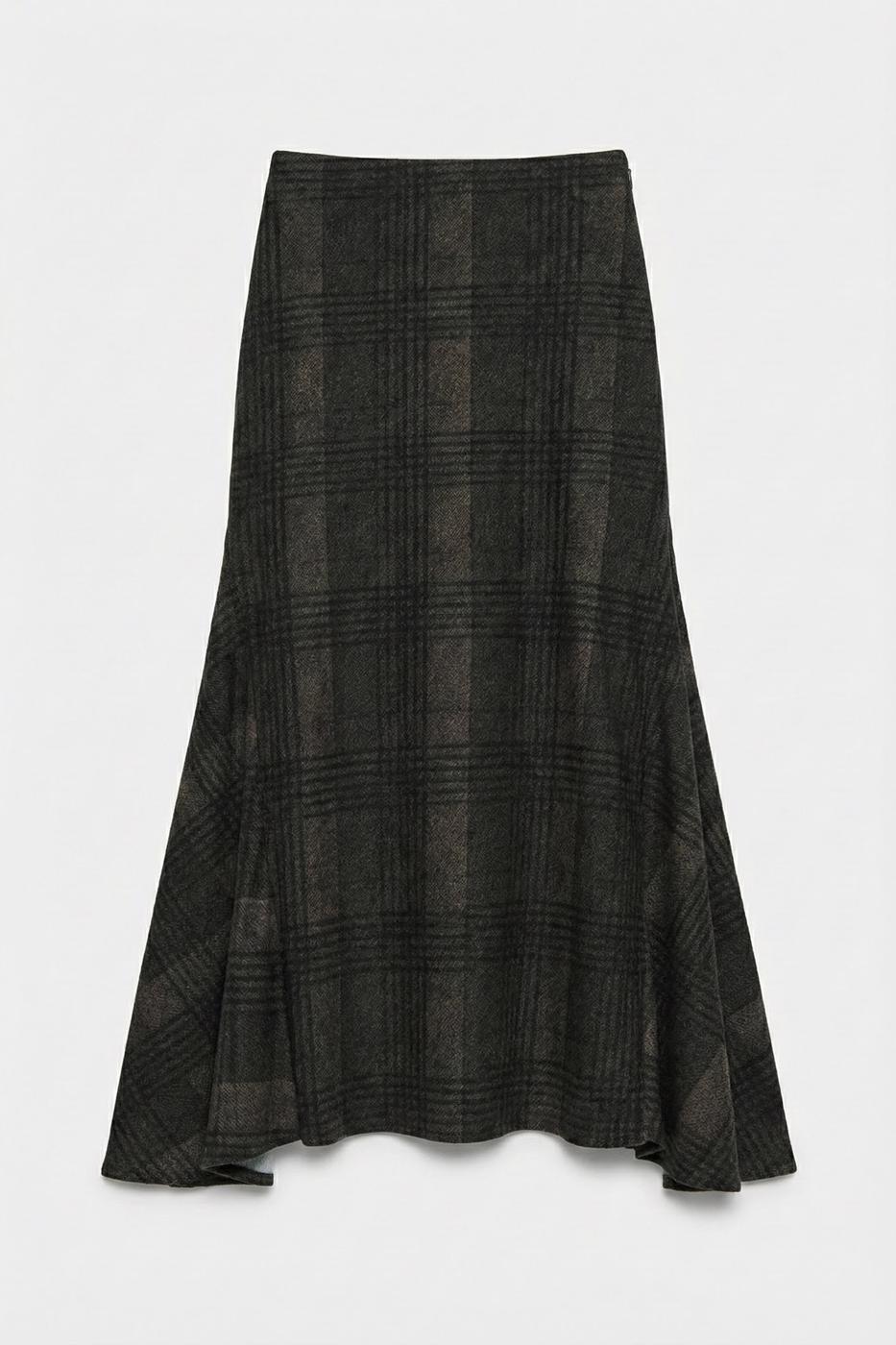 Plaid Ruffled Midi Skirt Khaki