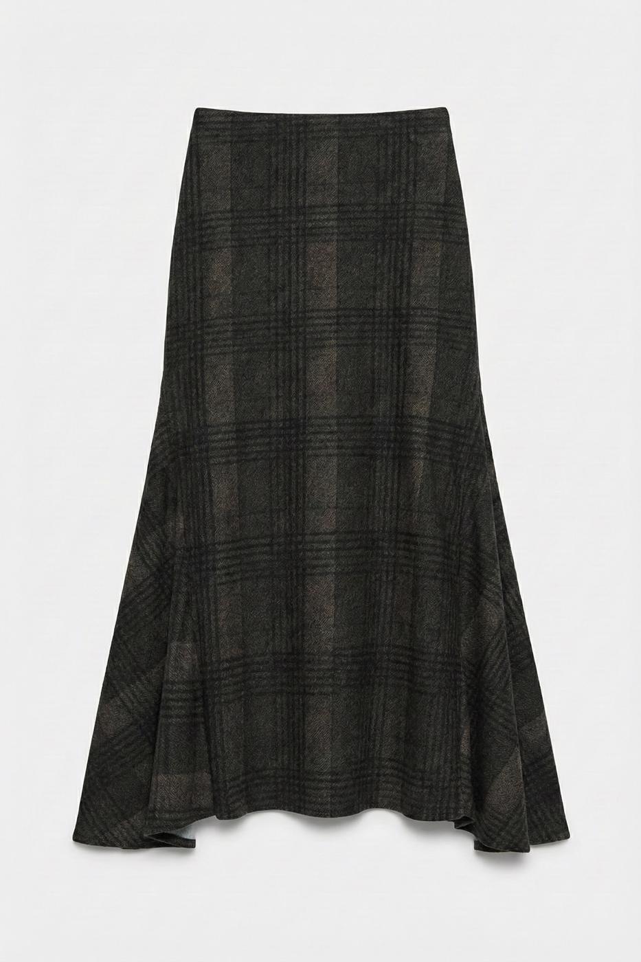 Plaid Ruffled Midi Skirt Khaki