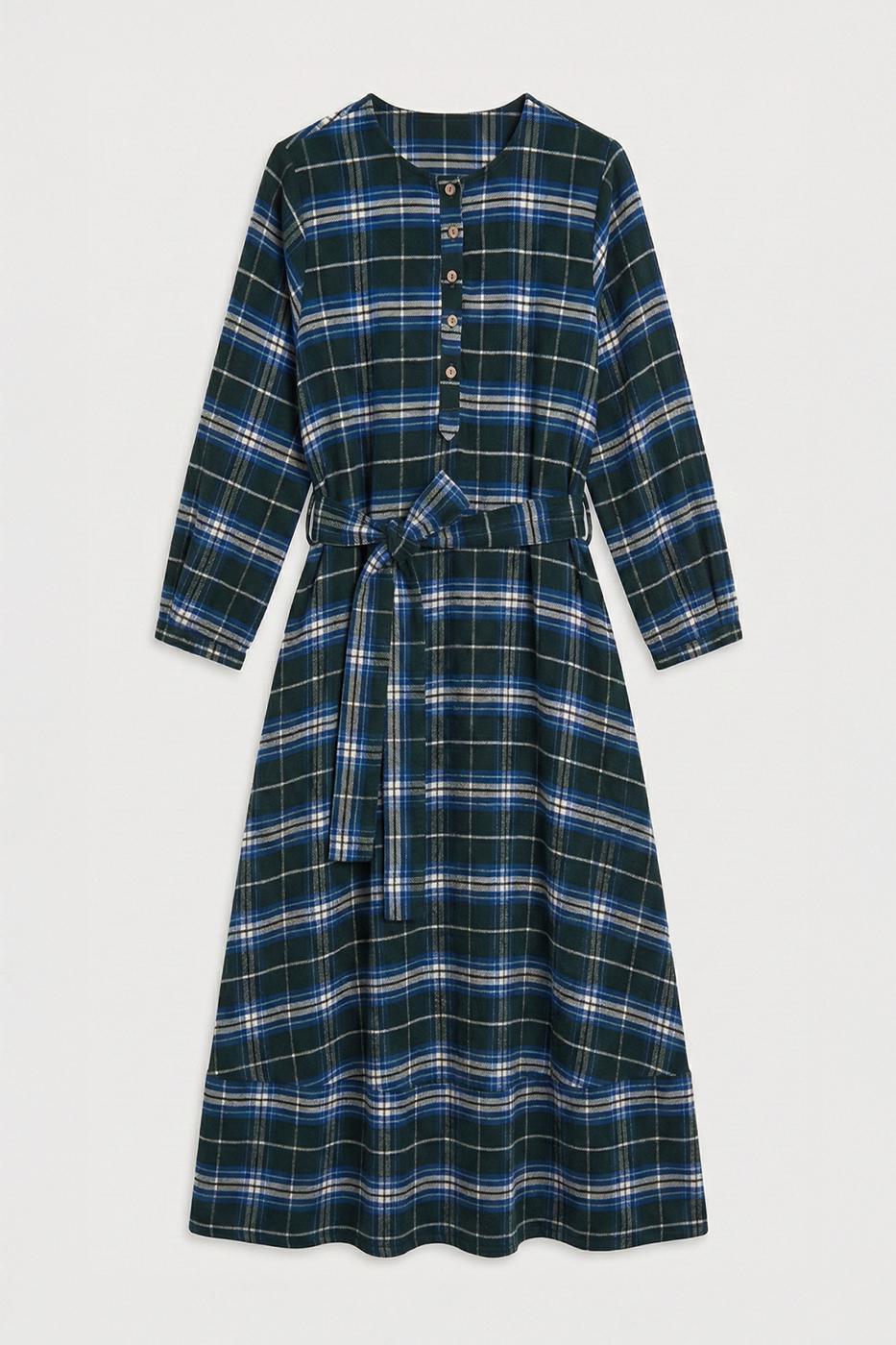 Plaid Collarless Midi Dress Blue