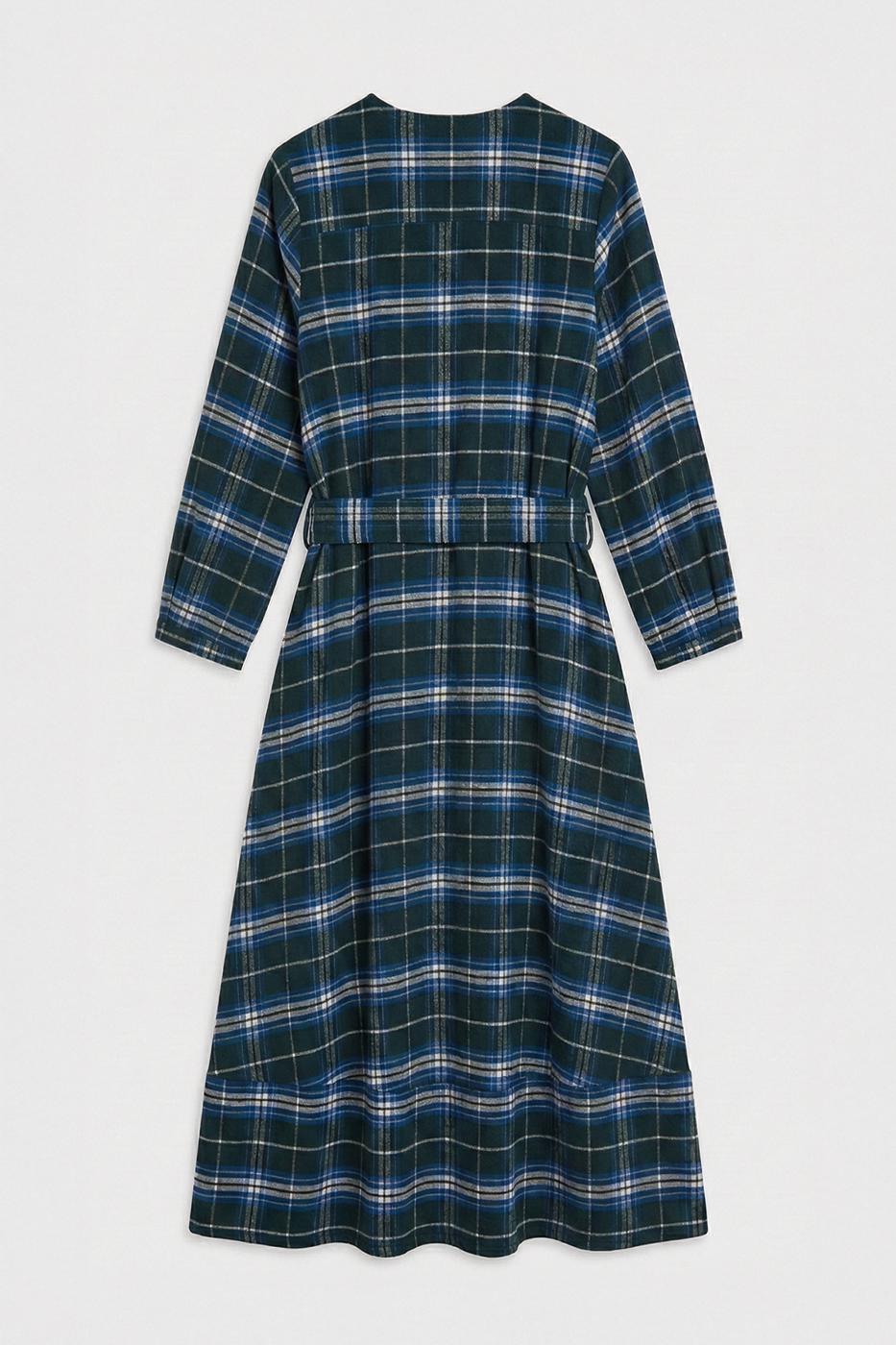 Plaid Collarless Midi Dress Blue