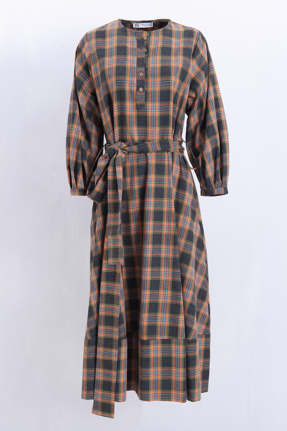 Plaid Collarless Midi Dress Orange