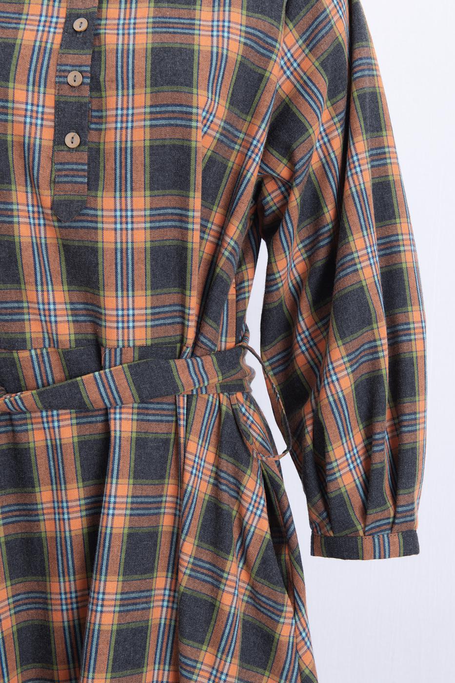Plaid Collarless Midi Dress Orange
