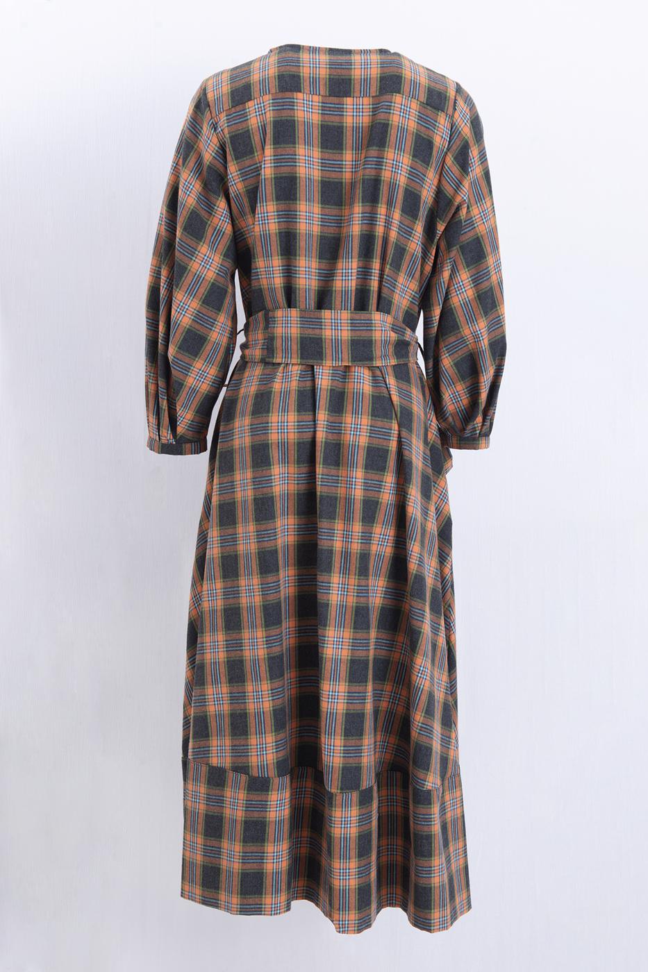 Plaid Collarless Midi Dress Orange