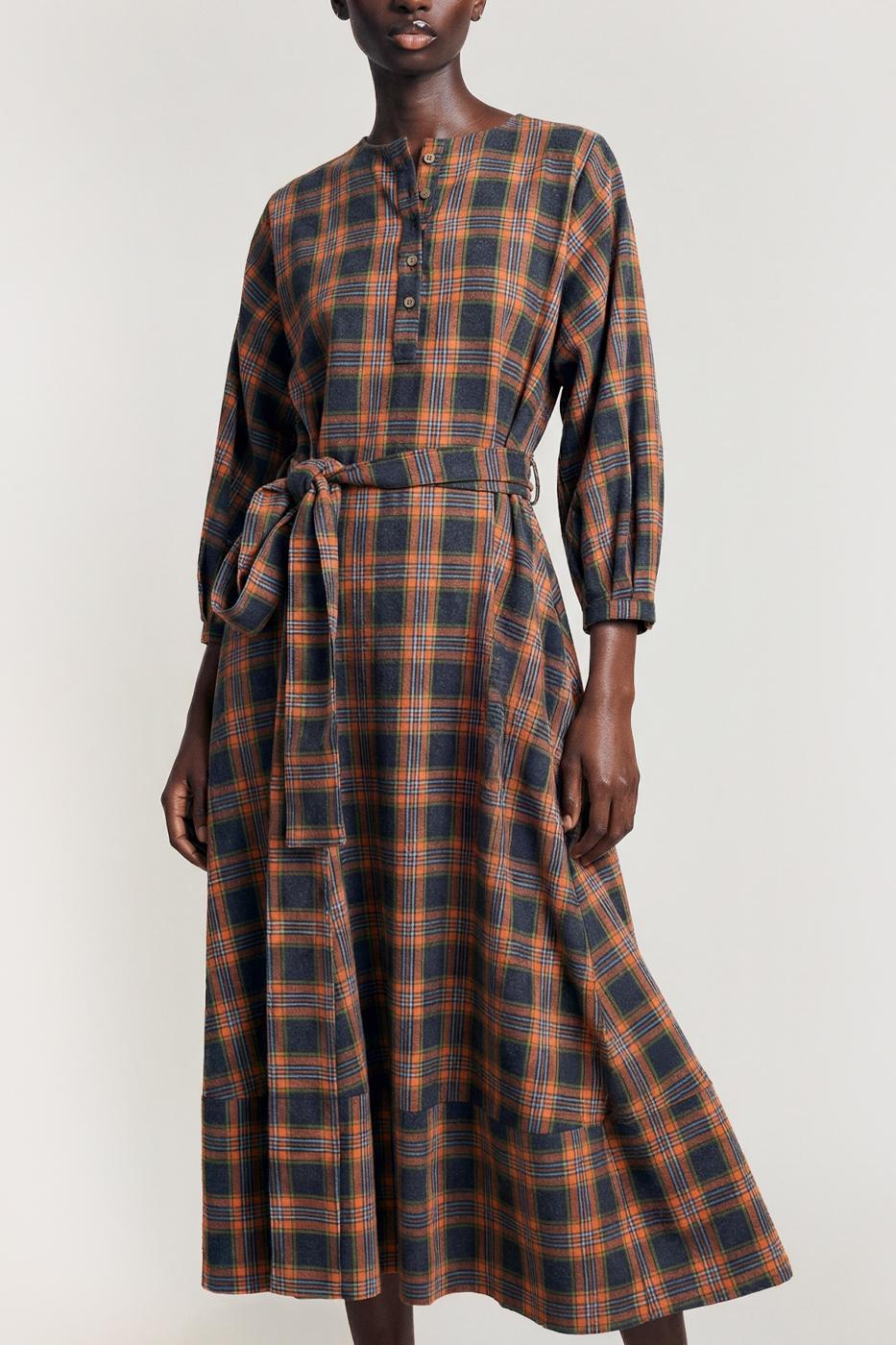 Plaid Collarless Midi Dress Orange