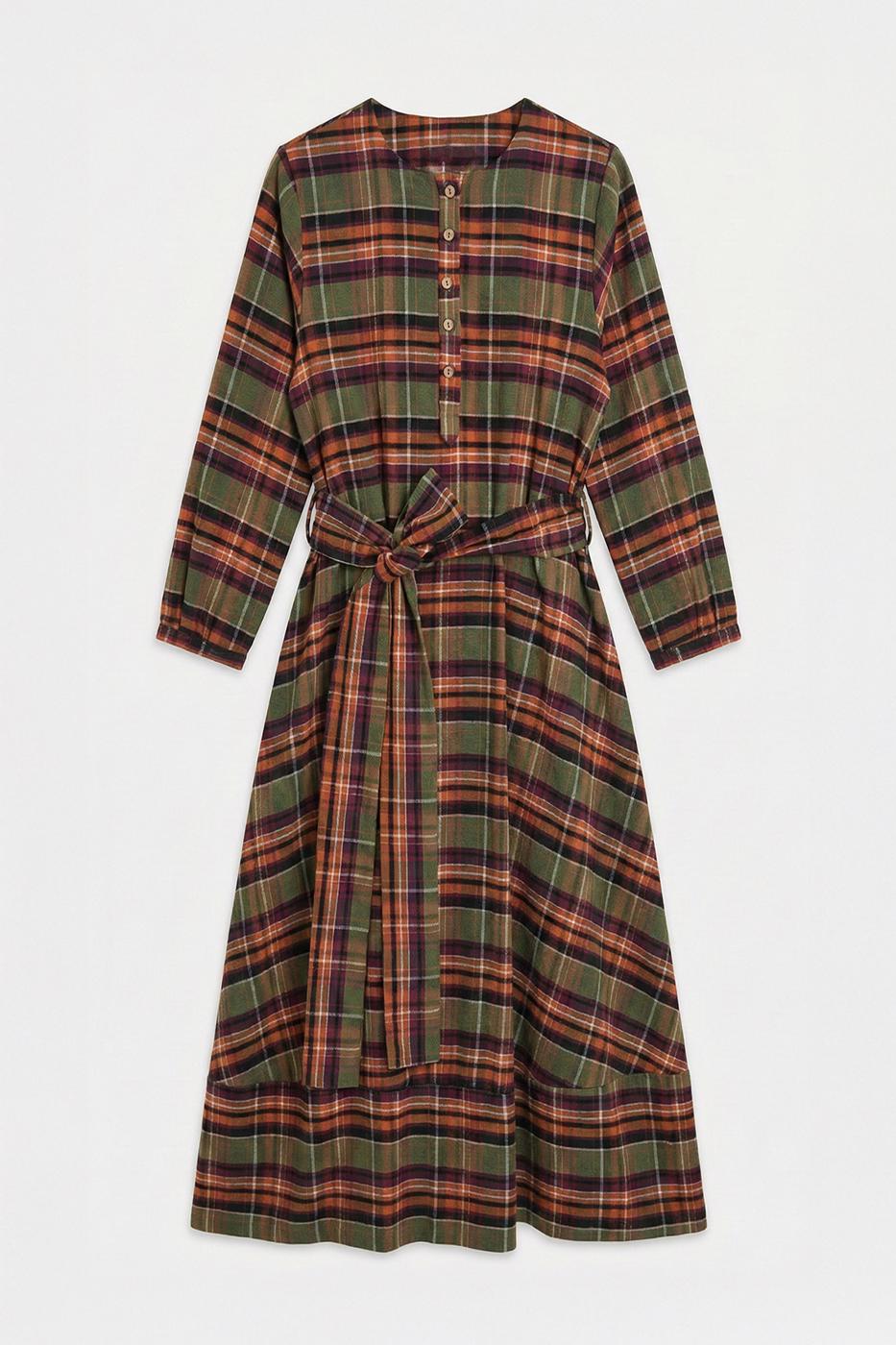 Plaid Collarless Midi Dress Green