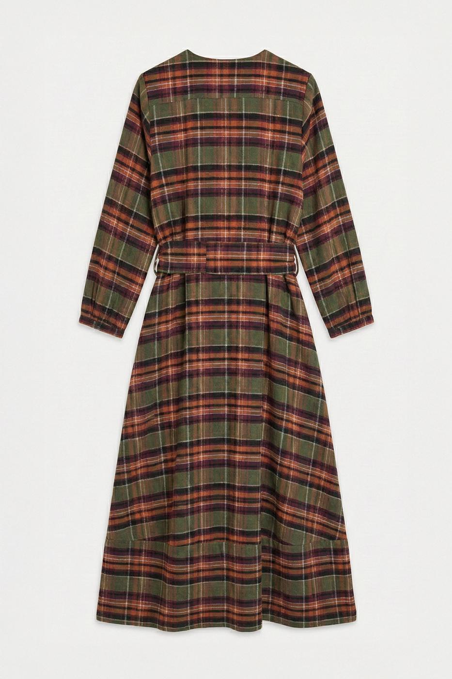 Plaid Collarless Midi Dress Green
