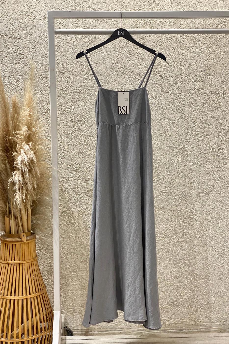 Strappy Linen Midi Dress Grey