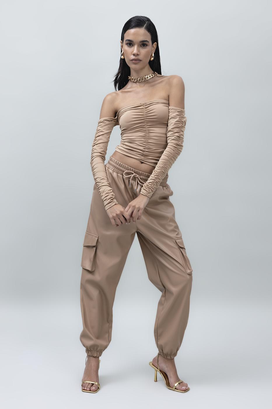 Faux Leather Cargo Jogging Pants Camel