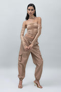 Faux Leather Cargo Jogging Pants Camel