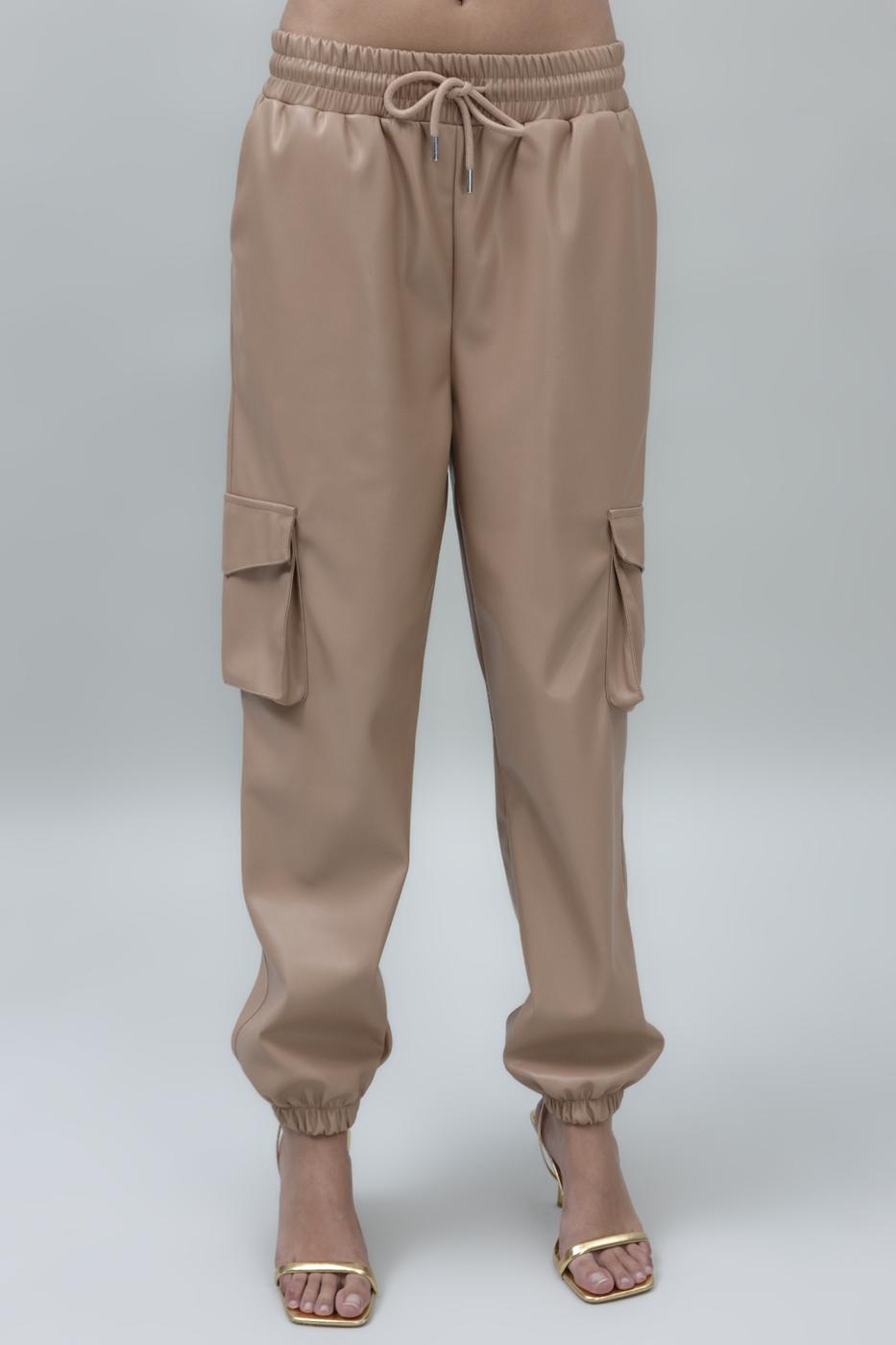 Faux Leather Cargo Jogging Pants Camel