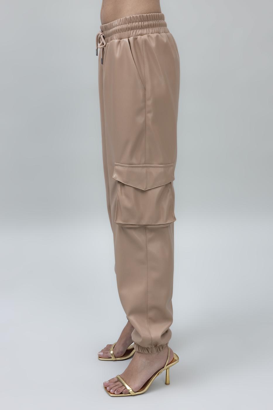 Faux Leather Cargo Jogging Pants Camel