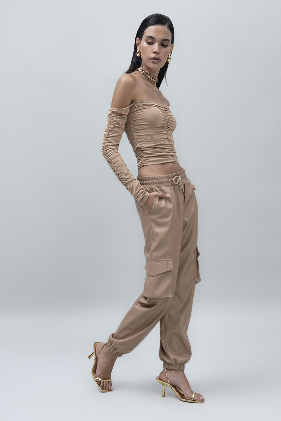 Faux Leather Cargo Jogging Pants Camel